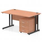 This photograph captures a dynamic pedestal desk in a modern office setting. The beech top and black cantilever legs create a sleek and professional look, while the 3 drawer mobile pedestal adds functionality. Perfect for a busy workspace.