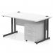 This is a sleek, modern office desk featuring a white tabletop and black cantilever legs. It also includes a 3 drawer mobile pedestal for extra storage. The desk measures 1400 x 800mm and exudes a dynamic energy perfect for any workspace.