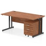 Impulse 1600 x 800mm Straight Office Desk Walnut Top Black Cantilever Leg Workstation 2 Drawer Mobile Pedestal I005240