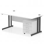 This photograph features a sleek and modern Dynamic Pedestal Desk Impulse, measuring 1600 x 800mm. It boasts a straight white top and black cantilever leg for a stylish workstation. Accompanied by a 3 drawer mobile pedestal for added storage.