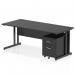 The photo features a sleek 1800 x 800mm black office desk with a straight design and cantilever leg. A 2 drawer mobile pedestal sits to the side, offering convenient storage. The desk is highlighted by a dynamic pedestal, adding a unique touch to this modern workstation.