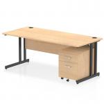 This photograph features a sleek, modern Dynamic Pedestal Desk Impulse with a 1800 x 800mm straight Maple Top and cantilever legs in black. It also includes a 2 drawer mobile pedestal for added storage. Perfect for any professional office space.