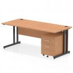 The image shows a sleek and modern office desk, measuring 1800 x 800mm, with an oak top and black cantilever legs. It also features a convenient 2 drawer mobile pedestal for storage. This dynamic pedestal desk is perfect for any contemporary office space.