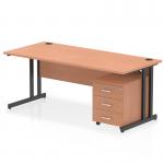 This photo shows a sleek and modern Dynamic Pedestal Desk - featuring an 1800 x 800mm straight office desk with a beech top and black cantilever leg. A 3 drawer mobile pedestal adds convenience and storage to this stylish workstation.