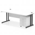 The dynamic pedestal desk impulse measures 1800 x 800mm and features a white top and black cantilever legs. It also comes with a 3 drawer mobile pedestal. The desk has a sleek, modern design and offers ample workspace and storage options for any office setting.
