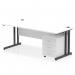 The dynamic pedestal desk impulse measures 1800 x 800mm and features a white top and black cantilever legs. It also comes with a 3 drawer mobile pedestal. The desk has a sleek, modern design and offers ample workspace and storage options for any office setting.