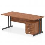 A sleek and modern dynamic pedestal desk, the Impulse 1800 x 800mm straight office desk features a walnut top and black cantilever leg workstation, completed with a 3 drawer mobile pedestal. The desk provides ample workspace and storage, perfect for any office setting.