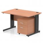 This photograph shows a dynamic pedestal desk that measures 1200 x 800mm. It features a straight beech top and black cable managed legs, providing a clean and modern look. The desk also comes with a 2-drawer mobile pedestal for added storage.