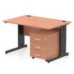 The Dynamic Pedestal Desk Impulse 1200 x 800mm Straight Office Desk features a sleek beech top and black cable-managed legs for a modern look. A 3-drawer mobile pedestal adds convenient storage. This workstation is perfect for any office space.