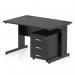 This photo features a sleek 1200 x 800mm black top office desk with a cable managed leg workstation and 3 drawer mobile pedestal. The dynamic pedestal desk has a straight design and provides ample space for working. The black color adds a sophisticated touch to any office space.
