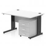 The dynamic pedestal desk features a sleek white top and black cable managed leg workstation for a modern look. It also includes a 3 drawer mobile pedestal for convenient storage.