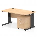 The desk features a spacious maple top with a built-in cable management leg for a tidy workspace. It also includes a 2 drawer mobile pedestal for storage. The sleek black design adds a touch of modernity to any office.