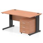 Impulse 1400 x 800mm Straight Office Desk Beech Top Black Cable Managed Leg Workstation 3 Drawer Mobile Pedestal I005283