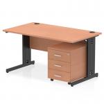 This image shows a sleek and modern Dynamic Pedestal Desk Impulse, with a beautiful 1400 x 800mm Beech top and a black cable managed leg. The workstation also includes a 3 drawer mobile pedestal for added storage and convenience.