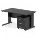 This photo shows a sleek, black office desk measuring 1400 x 800mm. The desk features a cable managed leg and a 3 drawer mobile pedestal for storage. A dynamic and modern addition to any workspace.