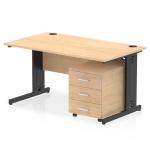 The photograph shows a sleek and modern Dynamic Pedestal Desk Impulse 1400 x 800mm Straight Office Desk with a Maple Top and Black Cable Managed Leg. The desk is accompanied by a 3 Drawer Mobile Pedestal and offers a spacious and organized workspace.