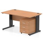 Impulse 1400 x 800mm Straight Office Desk Oak Top Black Cable Managed Leg Workstation 3 Drawer Mobile Pedestal I005287