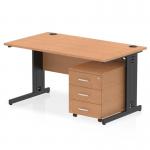 This picture features a sleek and modern Dynamic Pedestal Desk with a 1400 x 800mm Straight Oak Top and a Black Cable Managed Leg. It also includes a 3 Drawer Mobile Pedestal, creating a convenient and stylish workstation.