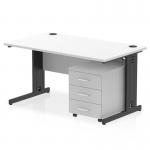 A sleek white top contrasts against black cable managed legs in this modern Dynamic Pedestal Desk. With a width of 1400mm and depth of 800mm, it provides ample workspace. The workstation also includes a 3 drawer mobile pedestal for added storage.