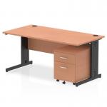This photograph features a dynamic pedestal desk with an impulse 1600 x 800mm straight office desk, beech top, and black cable-managed leg. The workstation also includes a 2-drawer mobile pedestal for added storage.