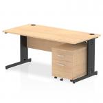 The Dynamic Pedestal Desk Impulse 1600 x 800mm Straight Office Desk features a sleek maple top with black cable managed legs. It also includes a space-saving 2 drawer mobile pedestal for storage. This workstation is perfect for a modern and efficient office setup.
