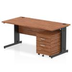 Impulse 1600 x 800mm Straight Office Desk Walnut Top Black Cable Managed Leg Workstation 2 Drawer Mobile Pedestal I005296