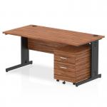 This image features a sleek and modern Dynamic Pedestal Desk Impulse with a 1600 x 800mm straight office desk with a walnut top. The black cable managed leg adds functionality to the workstation, while the 2-drawer mobile pedestal provides storage space.