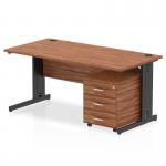 This photo features a sleek Dynamic Pedestal Desk Impulse with a 1600 x 800mm straight walnut top and black cable managed leg workstation. It also includes a 3 drawer mobile pedestal, creating a functional and stylish workspace.