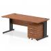 This picture features a sleek and modern dynamic pedestal desk with a walnut top and black cable-managed legs. The straight office desk is 1800 x 800mm in size and includes a 2 drawer mobile pedestal for extra storage. The workstation exudes professionalism and efficiency.