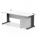 The image depicts a sleek, modern desk with a white top and black cable-managed legs. It is 1800 x 800mm in size and features a 3-drawer mobile pedestal. The desk appears to be placed in an office setting, ready for use.
