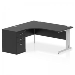 Impulse 1600mm Left Crescent Office Desk Black Top Silver Cable