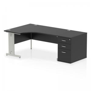 Impulse 1600mm Left Crescent Office Desk Black Top Silver Cable
