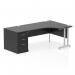 The photograph features a modern and stylish Dynamic Right Hand Desks Impulse office desk. The 1600mm black top is complemented by sleek silver cantilever legs, and the 800 deep desk includes a high pedestal for added storage.