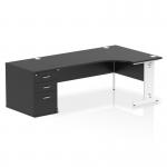 Impulse 1800mm Right Crescent Office Desk Black Top White Cable Managed Leg Workstation 800 Deep Desk High Pedestal I005395