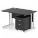 This image shows a sleek dynamic pedestal desk with a black top and silver cantilever leg. The desk measures 1200 x 800mm and also includes a 2 drawer mobile pedestal for added storage. It would make a great addition to any office space.