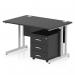 This photo features a sleek black top straight office desk measuring 1200 x 800mm with a silver cantilever leg. The dynamic pedestal desk also includes a 3 drawer mobile pedestal for storage. The modern design and functional features make it a great addition to any workspace.