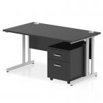A sleek and modern office setup, this photograph showcases a dynamic pedestal desk with a black top and silver cantilever legs. The 1400 x 800mm straight desk is accompanied by a 2 drawer mobile pedestal, creating a functional workstation.