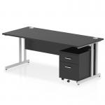 This sleek and modern office desk features a black top and silver cantilever leg for a stylish look. It also comes with a 2 drawer mobile pedestal for added storage space. The desk measures 1800 x 800mm and has a dynamic pedestal design. Perfect for any professional workspace.