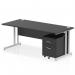 This sleek and modern office desk features a black top and silver cantilever leg for a stylish look. It also comes with a 2 drawer mobile pedestal for added storage space. The desk measures 1800 x 800mm and has a dynamic pedestal design. Perfect for any professional workspace.