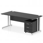 The Dynamic Pedestal Desk is a sleek and modern office workstation. The black tabletop contrasts with the silver cantilever leg for a sophisticated look. Keep important documents close by with the 3 drawer mobile pedestal. Perfect for any professional setting.
