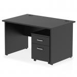 A sleek and modern black office desk with a smooth, spacious top panel and a sturdy, panel-end leg base. This dynamic desk also comes with a convenient 2-drawer mobile pedestal for added storage. The perfect workspace for any professional setting.