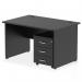 The dynamic pedestal desk has a sleek black top panel and matching end leg, providing a modern touch to any office. The straight shape offers ample workspace while the 3 drawer mobile pedestal adds storage options. Perfect for improving efficiency and organization in the workplace.
