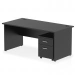 This photograph features a dynamic pedestal desk from the Impulse collection. Measuring 1600 x 800mm, it boasts a sleek black top panel and end leg workstation design. The desk also includes a 2 drawer mobile pedestal for added storage and functionality.