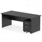 This image shows a sleek dynamic pedestal desk with a black top panel, measuring 1800 x 800mm. The desk has straight edges and is supported by sturdy panel end legs. Additionally, there is a 2 drawer mobile pedestal attached to the desk. The overall workstation provides a modern and efficient design for any office space.