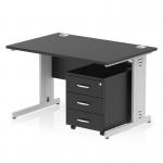 This picture shows a sleek and modern Dynamic Pedestal Desk in black with a silver cable managed leg. The workspace measures 1200 x 800mm and includes a 3 drawer mobile pedestal for storage. This straight office desk is a great addition to any professional workspace.