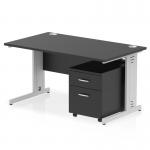 This image showcases a sleek, modern Dynamic Pedestal Desk from the Impulse series. The desk boasts a black top and silver cable managed leg, along with a convenient 2 drawer mobile pedestal. Perfect for any office space, this 1400 x 800mm straight desk provides ample workspace and a stylish design.