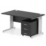 This photo features a sleek and modern dynamic pedestal desk. The desk measures 1400 x 800mm and has a black top with silver cable managed legs. It also includes a 3 drawer mobile pedestal for added storage. Perfect for any office space, this desk is both functional and stylish.