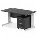 This photo features a sleek and modern dynamic pedestal desk. The desk measures 1400 x 800mm and has a black top with silver cable managed legs. It also includes a 3 drawer mobile pedestal for added storage. Perfect for any office space, this desk is both functional and stylish.