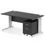 Impulse 1600 x 800mm Straight Office Desk Black Top Silver Cable Managed Leg Workstation 2 Drawer Mobile Pedestal I005422