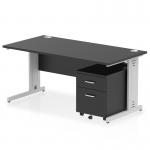 This photograph showcases a sleek and modern Dynamic Pedestal Desk Impulse. It features a black top and silver cable managed leg, giving it a professional and sophisticated appearance. The straight design offers a spacious 1600 x 800mm workspace, complemented by a convenient 2 drawer mobile pedestal.